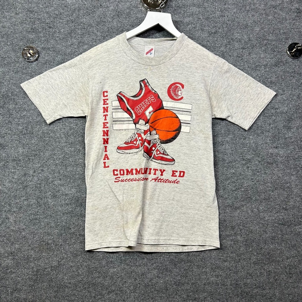 VTG 80s Jerzees T-Shirt Men's Gray Centennial Community Ed Graphic USA Made - M